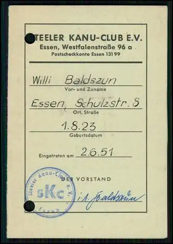Ausweis - vom Steeler KANU-CLUB E.V. -  Essen im Ruhrgebiet Westfalenstraße 96 a