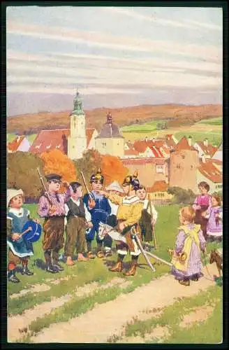 AK Paul Hey Wer will unter die Soldaten, Volksliederkarte 17 Kinder Pickelhauben