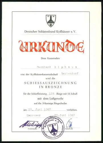 Urkunde 1967 - Deutscher Soldatenbund Kyffhäuser - Schießauszeichnung in Bronze