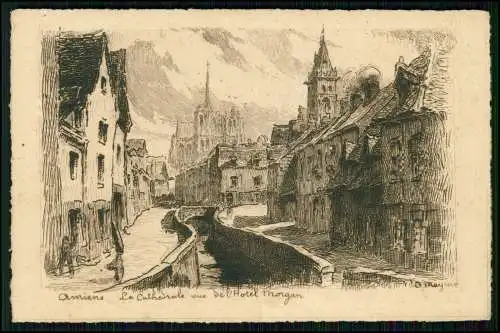 AK Radierung von Arthur Mayeur - Amiens Somme - Blick Hotel de Morgan Kathedrale