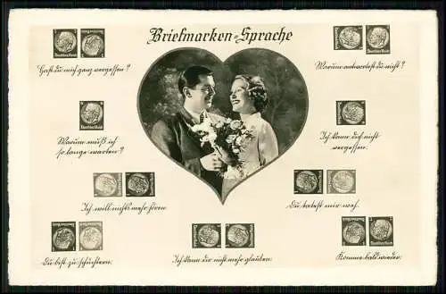 AK - Briefmarken-Sprache, Liebespaar Blumen - Briefmarke Deutsches Reich 3-6 Pfg