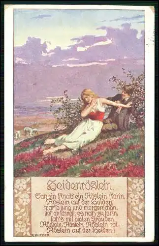 E. Kutzer Heidenröslein Liebespaar auf Wiese - 1913 gel. Volkslieder-Karte Nr. 7