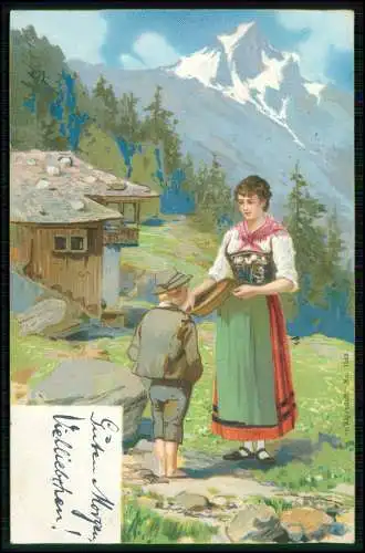 Alpendurft Serie 1549 - Sennerin mit Sohn vor Almhütte Trachten Bayern 1904 gel.