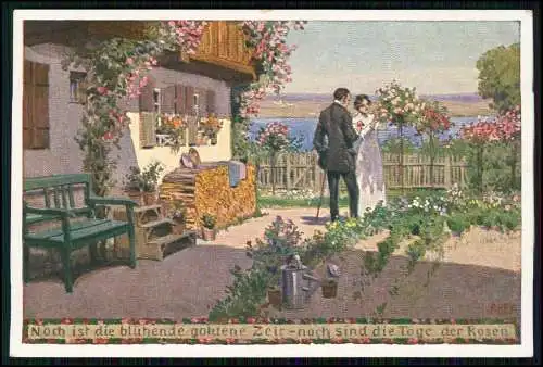 Künstler-Ansichtskarte Paul Hey Nr. 2 - Sommer - Paar im Garten mit Rosen - 1920