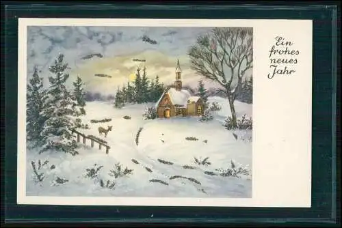 AK - Glitzersteinchen - Winterlandschaft Kirche Reh - frohes neues Jahr - 1939