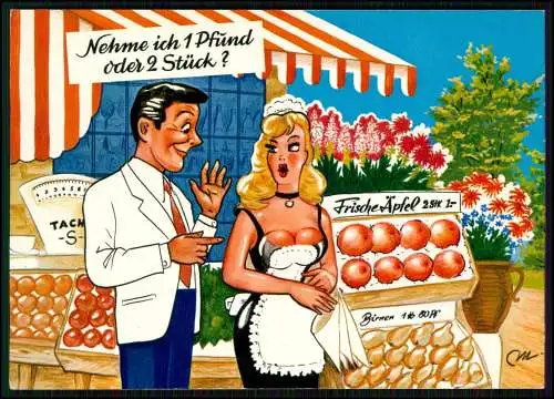 AK Scherz Humor Karikatur - Frische Äpfel 2 Stück... - Dame mit viel Brust Busen