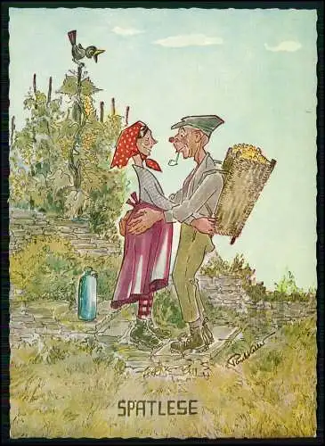 AK Scherz Humor Karikatur - Bäuerin Spätlese spezielle Art von Weinlese - Cekade