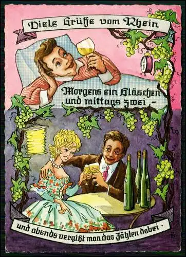 AK Scherz Humor Karikatur -vom Rhein Morgens ein Gläschen Mittags zwei - Cekade