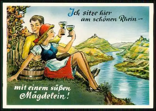 AK Scherz Humor Karikatur - Liebes-Paar sitzt am Ufer des Rheins das Wein trinkt