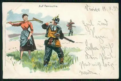 AK Litho Auf Patrouille - deutscher Soldat mit junger Bäuerin Karte von 1899