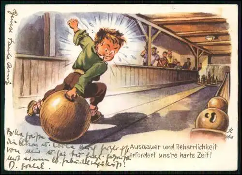 Künstler AK - Bowling Kegelsport - Ausdauer und Beharrlichkeit ... - 1950 gel.