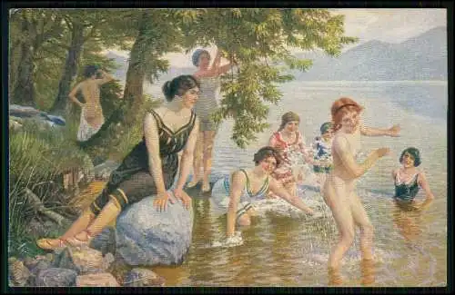 Künstler AK - Karl Zopf München - Improvisierter Badestrand -Frauen Baden im See