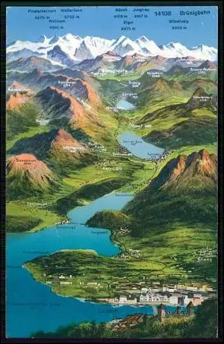 Topografische AK Region Vierwaldstättersee Schweiz - Brünigbahn Berge Täler Seen