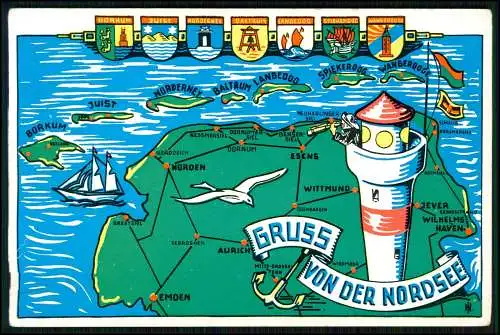 AK Nordseeküste mit ihren Inseln und Wappen farbenfroh und illustrativ gestaltet