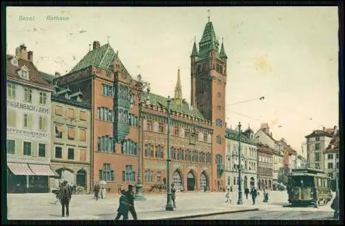 AK - Rathaus von Basel rote Sandsteinfassade mit Turm - Straßenbahn - 1908 gel.