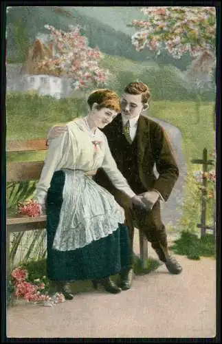 7x Künstler AK - junges Paar auf einer Bank eng beieinander - halten Händchen ..