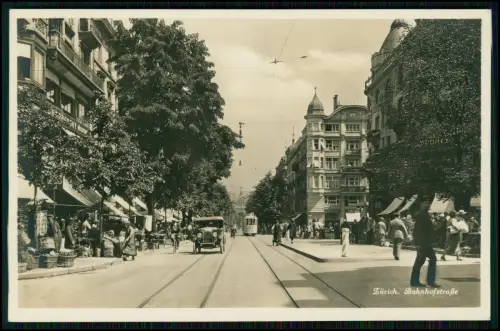 Foto AK - Bahnhofstrasse in Zürich - luxuriöse Geschäfte Straßenbahn - 1929 gel.