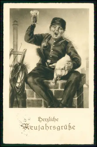 AK Neujahr Schornsteinfeger sitzt auf Schornstein Schweinchen im Arm - 1933 gel.