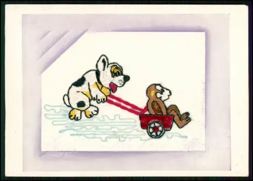 AK Stickerei - Hund schiebt einen Affen der auf Wagen sitzt - 1935 Kreuzlingen