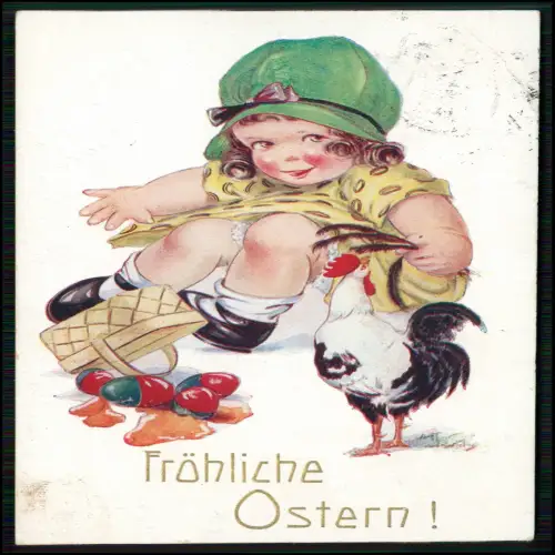 Ostern Mädchen grüner Hut gelbes Kleid Korb heruntergefallene Ostereier 1925 gel