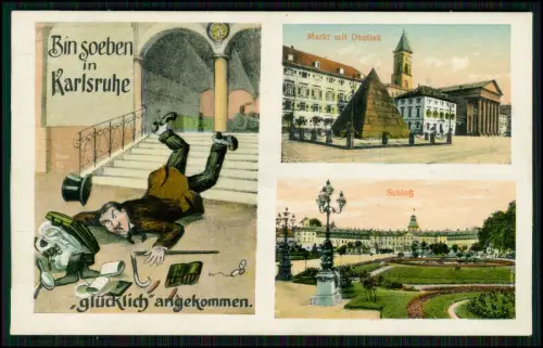 AK humorvolle Darstellung - Bahnhof glücklich angekommen in Karlsruhe 1925 gel.