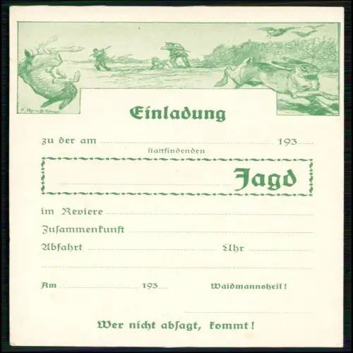AK Karte - Einladung zu einer Jagd - die in den 1930er Jahren ausgestellt wurde