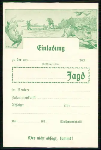 AK Karte - Einladung zu einer Jagd - die in den 1930er Jahren ausgestellt wurde