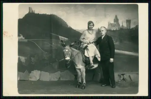 Echt Foto AK Dame auf Esel - Fotomontage - Drachenfels Königswinter Rhein - 1931
