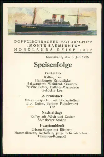 4x AK - Dampfer MS Monte Sarmiento - Speisenfolge - Nordlands-Reise Juli 1926