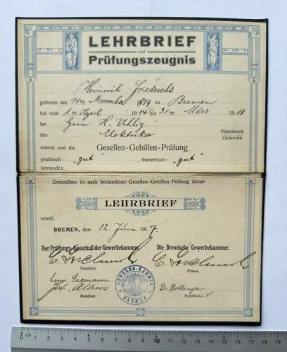 Lehrbrief Prüfungszeugnis Elektriker - Bremen 1917 - Heinrich Friedrichs u. Doku