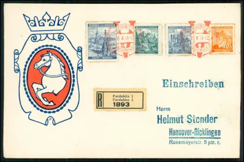 Einschreibebrief Böhmen u. Mähren - rote Stempel R Pardubitz - n. Hannover 1941