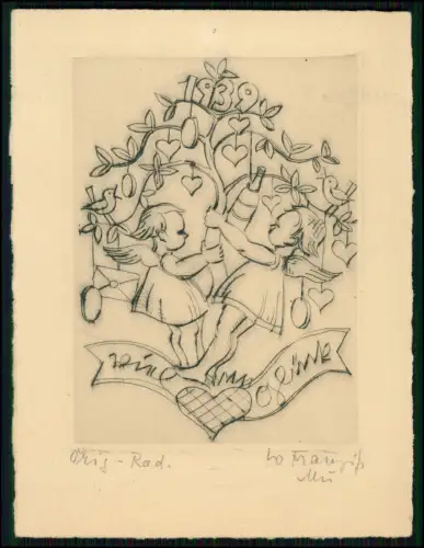 Original Radierung 15x12cm - Kinder schütteln am Baum mit Herzen - 1939 signiert