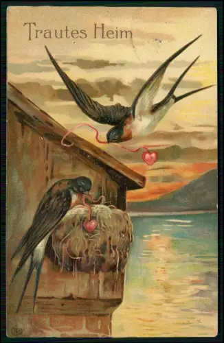 Präge AK - Schwalben beim Nestbau - Aufschrift Trautes Heim - 1914 gelaufen