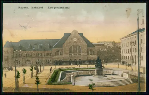 2x AK - Aachen - Bahnhof Bahnhofsplatz und Kriegerdenkmal - 1908 gelaufen