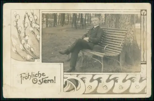 AK Foto 14x9cm - bei Aalen - Osterkarte Mann a.Parkbank 1915 gel. Info Rückseite