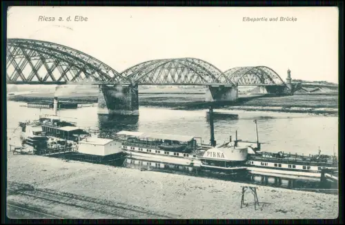 AK - Elbebrücke Riesa an der Elbe - Dampferstation mit Dampfer Pirna - 1907 gel.
