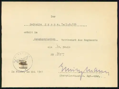 Dokument Soldat Krane Infanterie-Regiment 196 zeichnerischer Wettbewerb 1. Preis