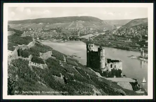 Foto AK - Ruine Ehrenfels Mäuseturm - und Blick auf Bingen am Rhein -1936 gel.