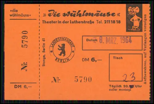 Berlin 2x Eintrittskarte u.a. Kabarett Die Wühlmäuse Theater Lutherstraße 1964