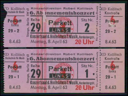 Berlin 2 Konzertkarten Robert Kollitsch 1963 Hochschule Musik Hardenbergstraße