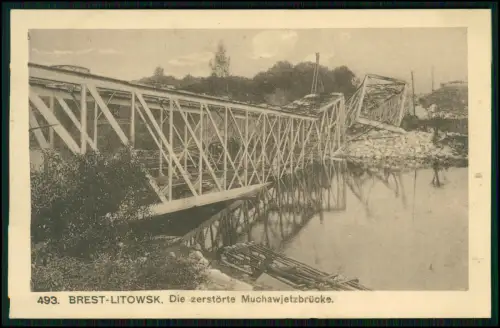 AK - Brest-Litowsk Belarus - zerstörte Muchawjetzbrücke - 1916 Feldpost gelaufen
