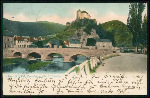 AK- Kreuzberg im Ahrtal mit der Ahrbrücke und der Burg Kreuzberg - 1906 gelaufen