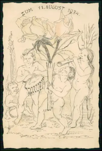 Zeichnung nackte Personen Musikinstrumente spielen umgeben florale Elemente 1934