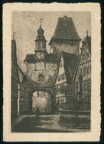 Radierung Rothenburg Stadttor Fachwerkhäusern und Brunnen im detailreichen Stil