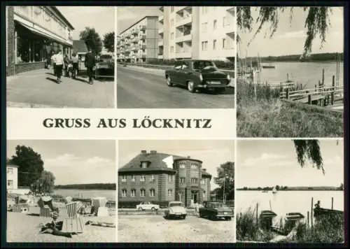 Foto AK - Löcknitz - Einkaufsstraße Wohngebiet Mehrfamilienhäuser Autos Zeit DDR