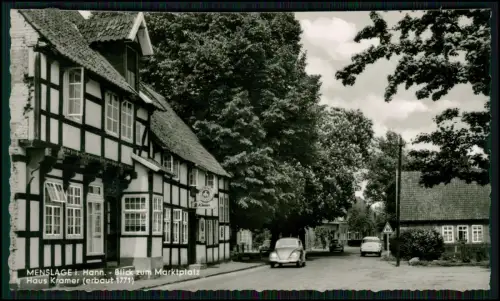 2x Foto AK - Menslage in Niedersachsen - Marktplatz, Haus Kramer, Gasthaus u.a.