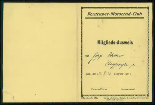 Mitgliedsausweis des Voxtruper Motorrad-Club - in Osnabrück Jahrgang 1905 Josef