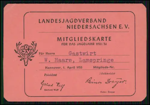 5x Mitgliedskarte des Landesjagdverbandes Niedersachsen e.V. - Jagdjahr 1955-61