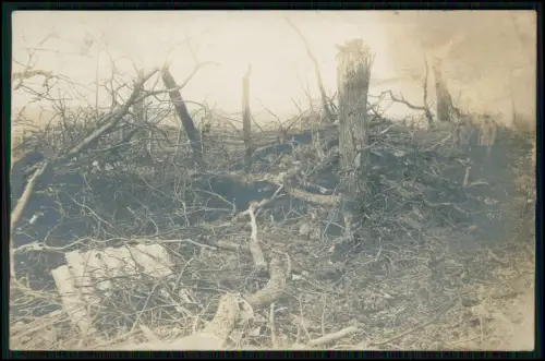 Foto 1. WK Frankreich - 2 Soldaten Verwüsteter Wald Baumstämme Äste Trümmer