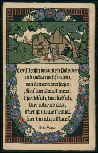 AK Künstler-Stein-Zeichnung - ländliches Fachwerkhaus mit Spruch von Willy Böhme